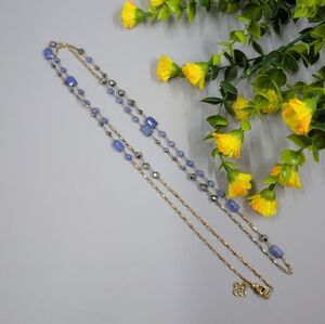 Elegant Vintage Genuine Blue Stone Crystal and Gold Plated Extra Long Necklace